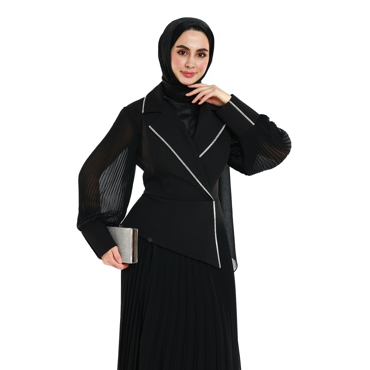 Blazer Style Pleated Maxi Dress With Rhinestone Trim