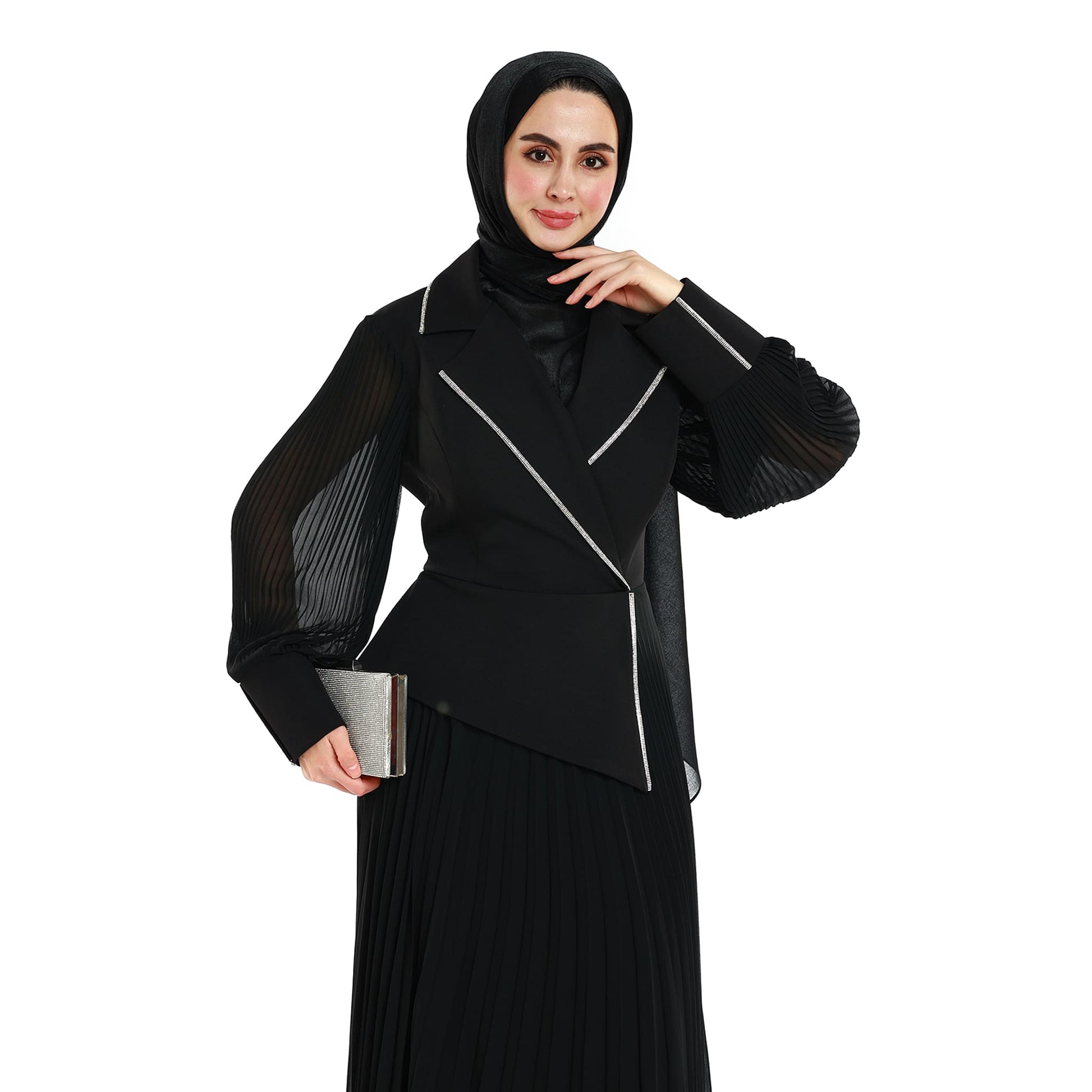 Blazer Style Pleated Maxi Dress With Rhinestone Trim