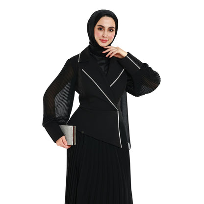 Blazer Style Pleated Maxi Dress With Rhinestone Trim
