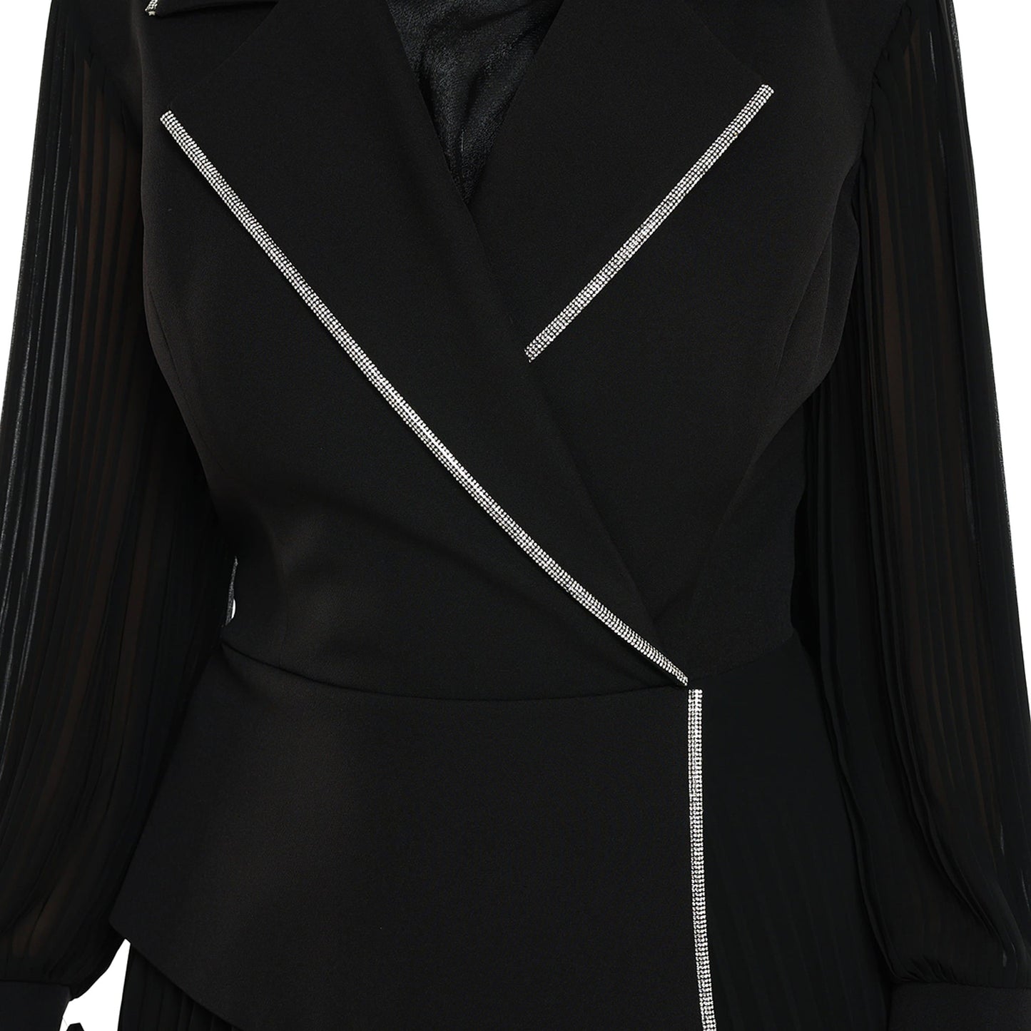 Blazer Style Pleated Maxi Dress With Rhinestone Trim
