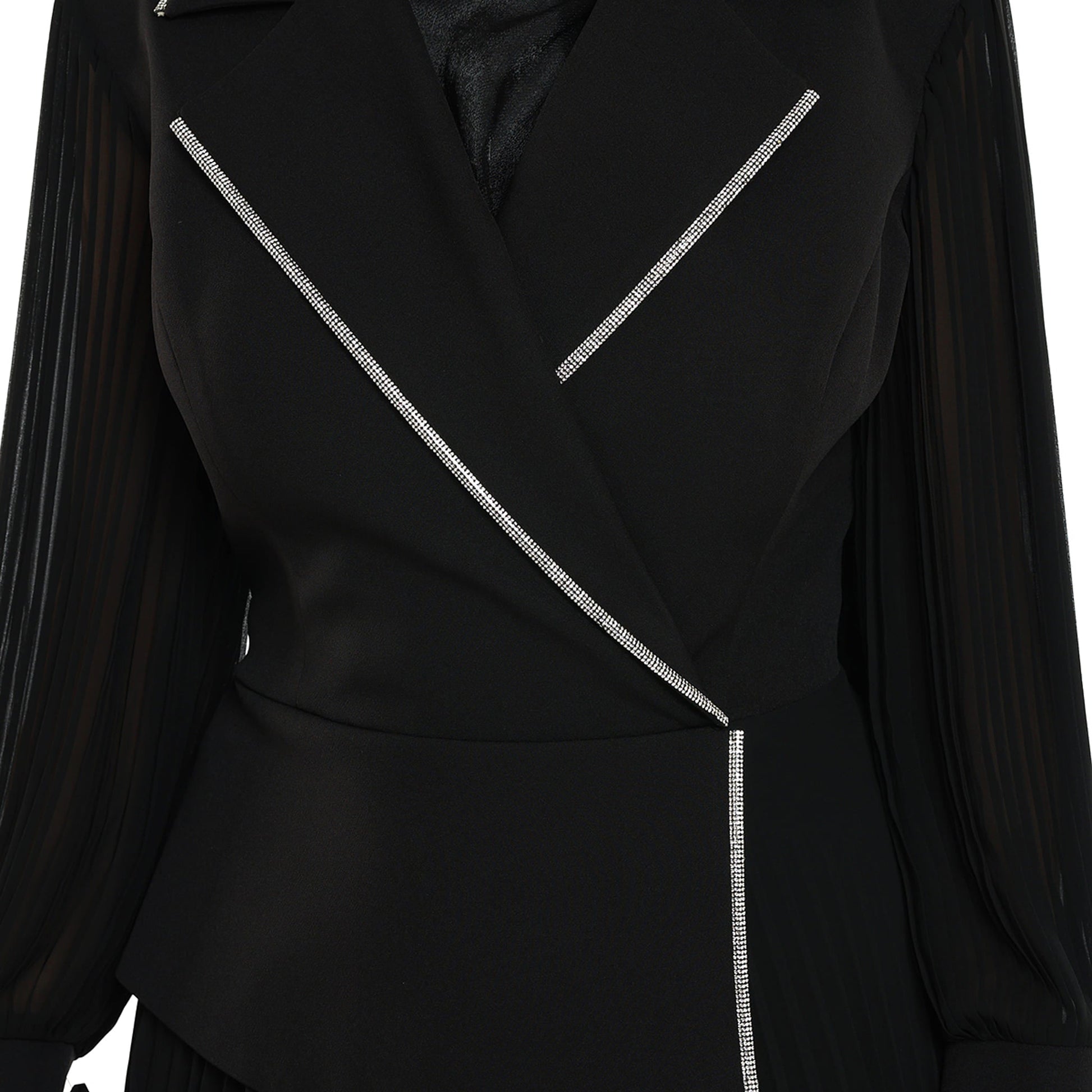 Blazer Style Pleated Maxi Dress With Rhinestone Trim