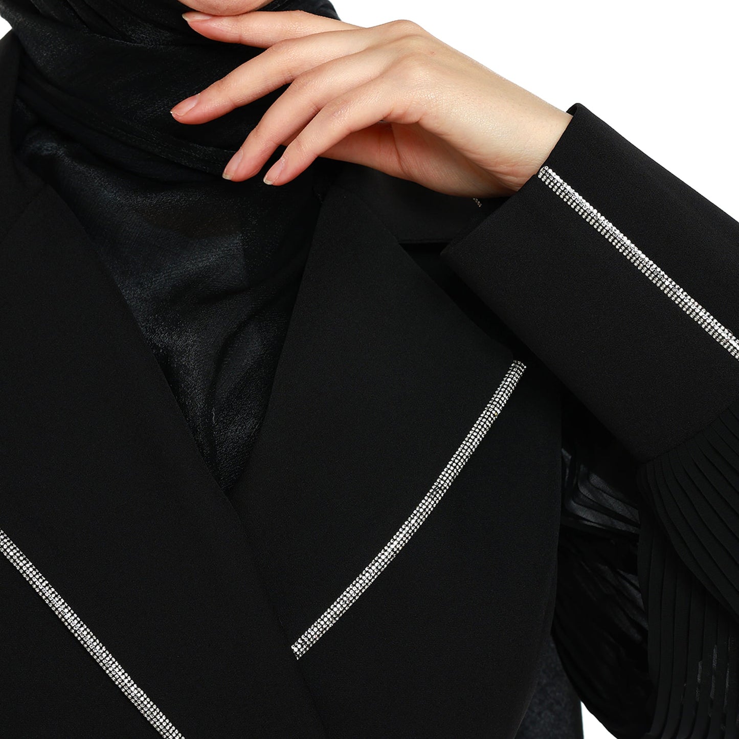 Blazer Style Pleated Maxi Dress With Rhinestone Trim