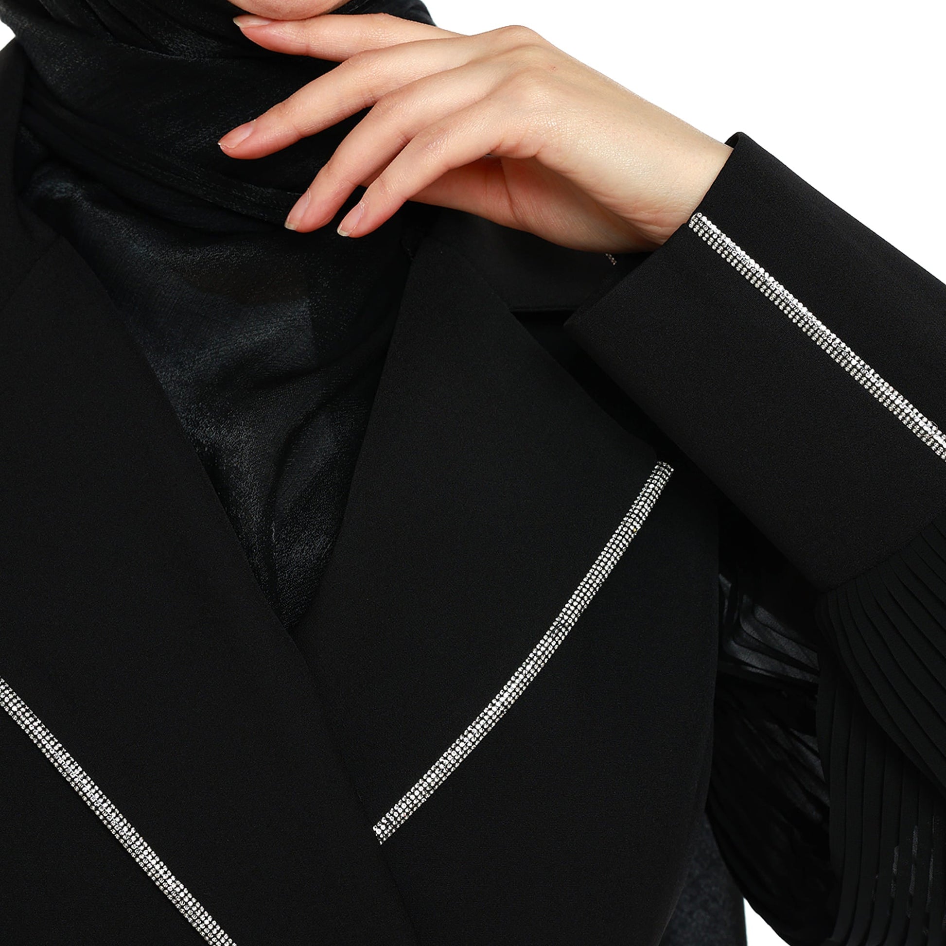 Blazer Style Pleated Maxi Dress With Rhinestone Trim