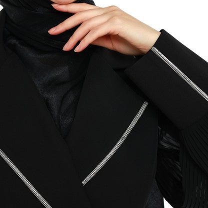 Blazer Style Pleated Maxi Dress With Rhinestone Trim