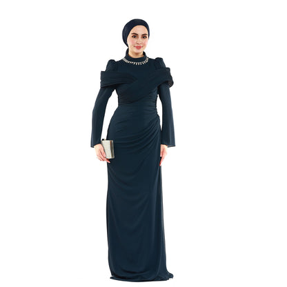 Embellished Neck Draped Band Detail Evening Dress
