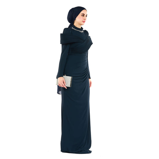 Embellished Neck Draped Band Detail Evening Dress