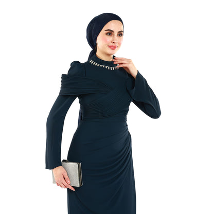 Embellished Neck Draped Band Detail Evening Dress