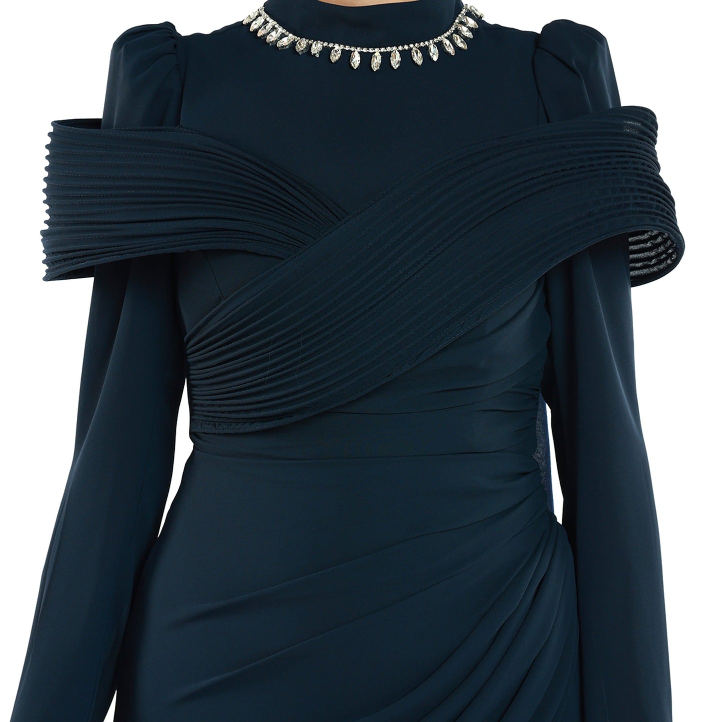 Embellished Neck Draped Band Detail Evening Dress