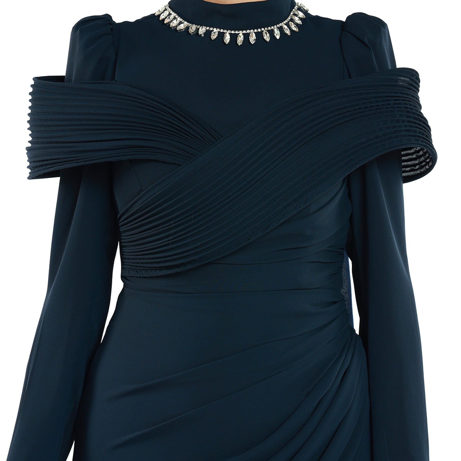 Embellished Neck Draped Band Detail Evening Dress