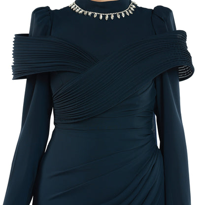 Embellished Neck Draped Band Detail Evening Dress