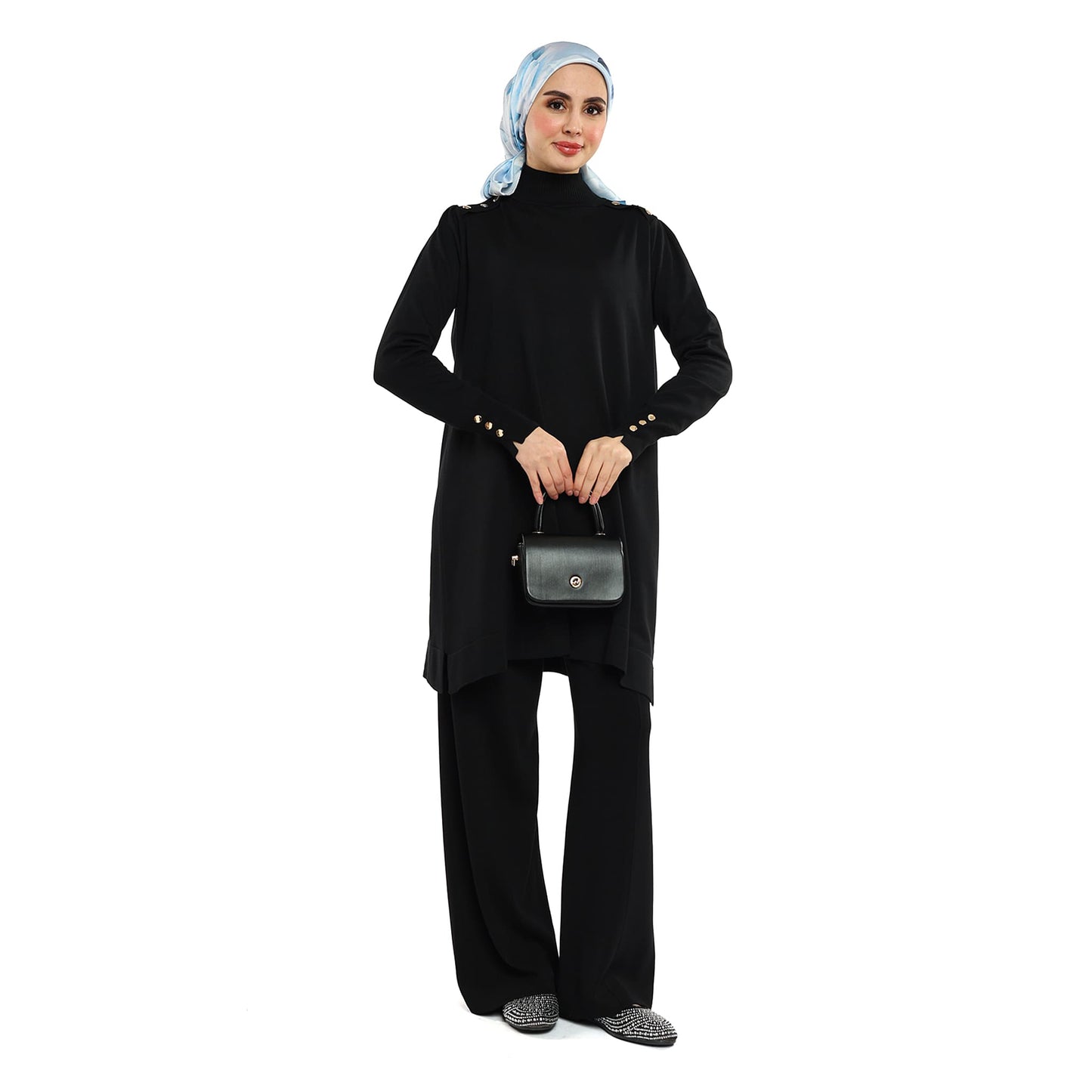 Turtleneck Knit Tunic With Gold Button Epaulette Detail