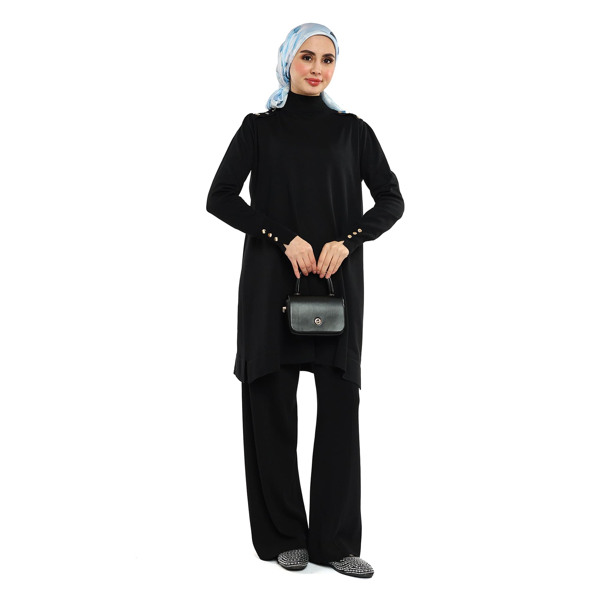 Turtleneck Knit Tunic With Gold Button Epaulette Detail