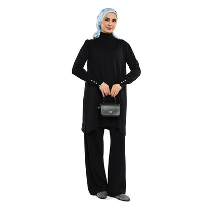 Turtleneck Knit Tunic With Gold Button Epaulette Detail