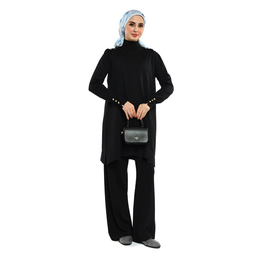 Turtleneck Knit Tunic With Gold Button Epaulette Detail