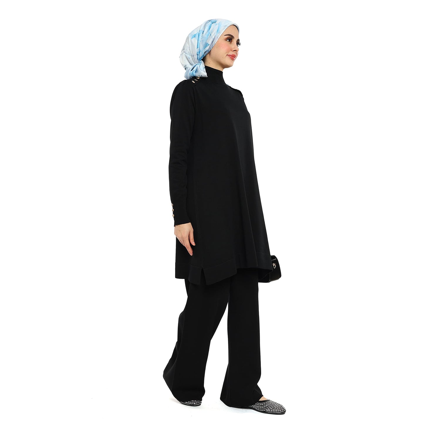 Turtleneck Knit Tunic With Gold Button Epaulette Detail