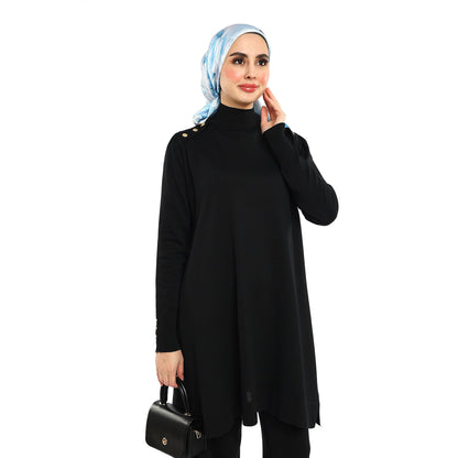 Turtleneck Knit Tunic With Gold Button Epaulette Detail