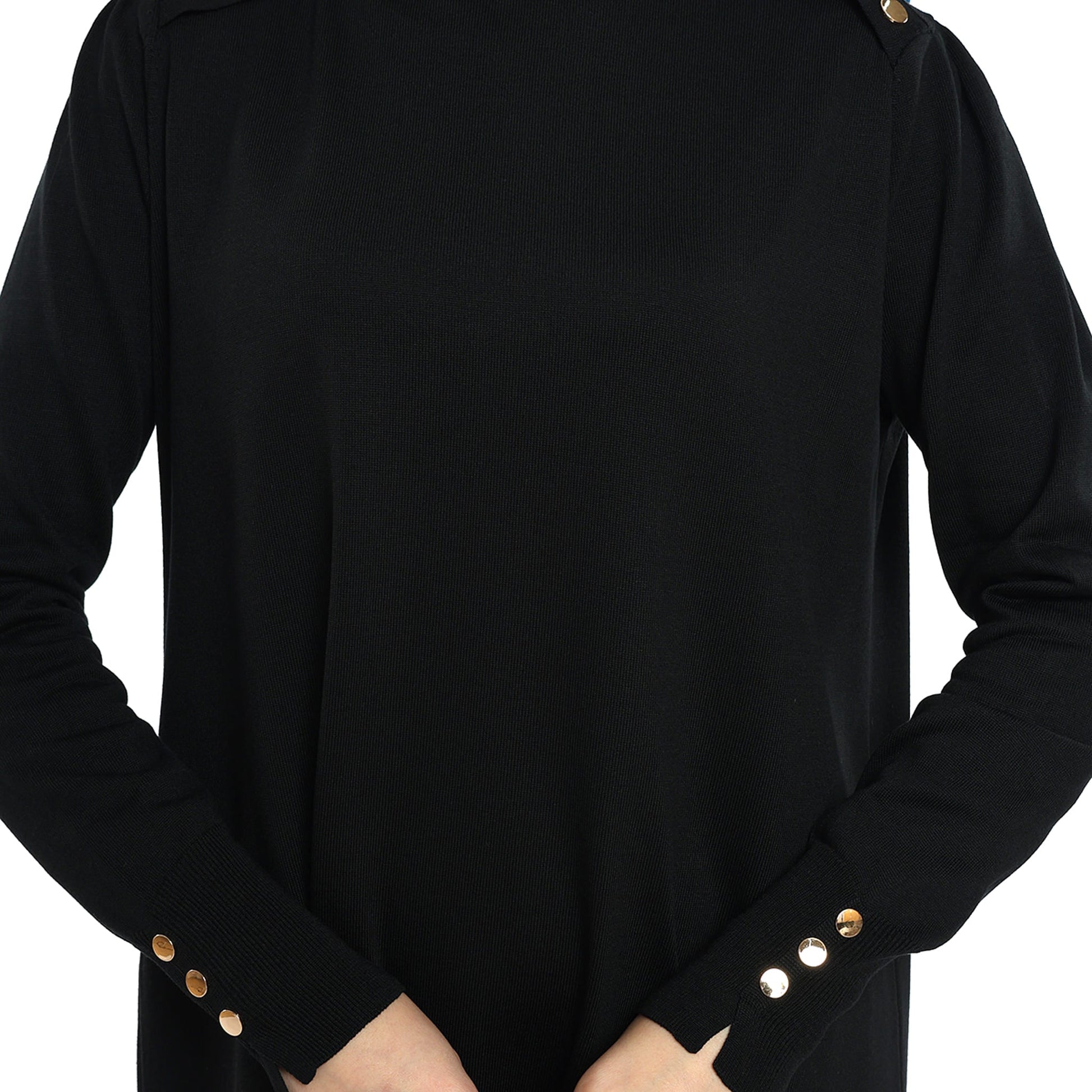 Turtleneck Knit Tunic With Gold Button Epaulette Detail