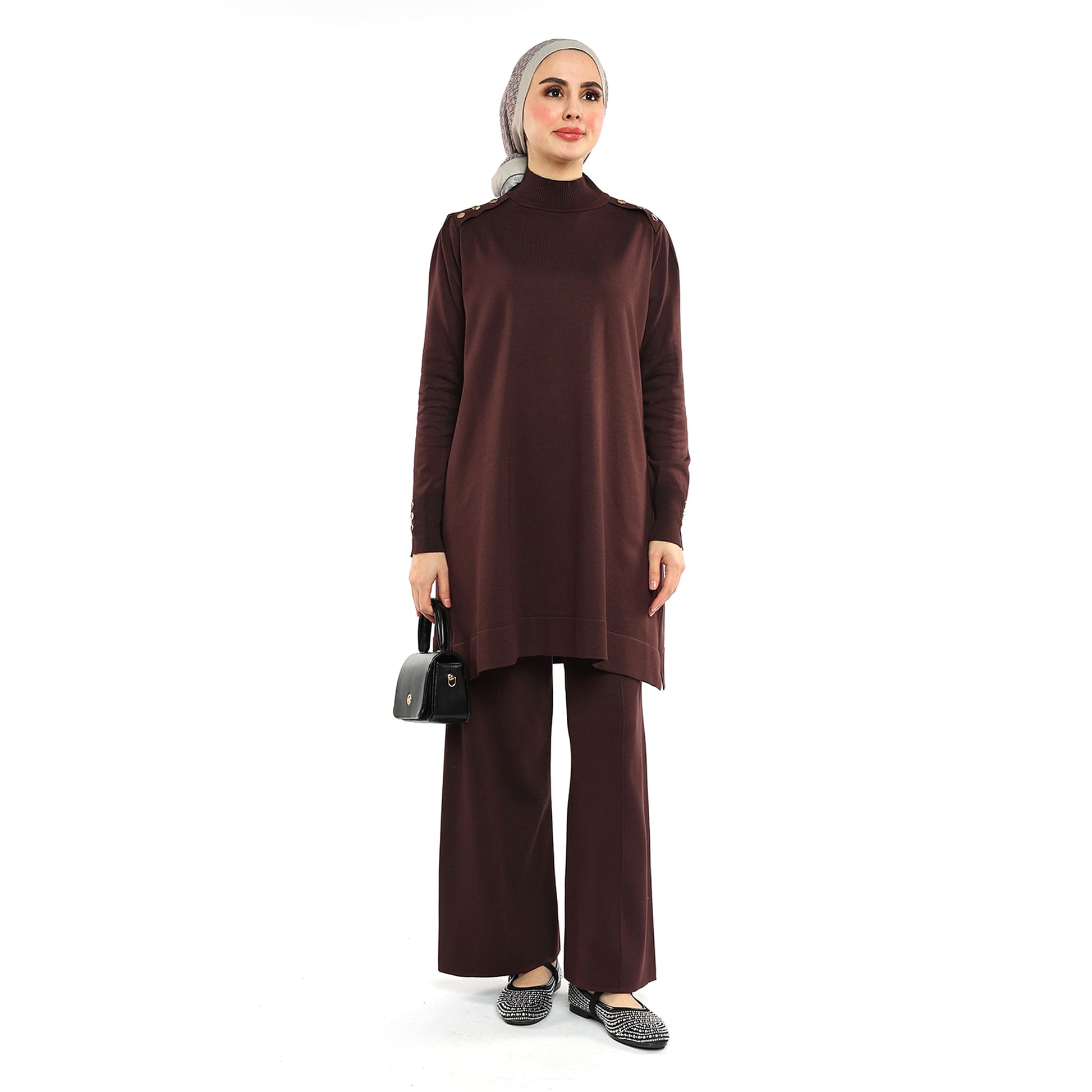 Turtleneck Knit Tunic With Gold Button Epaulette Detail