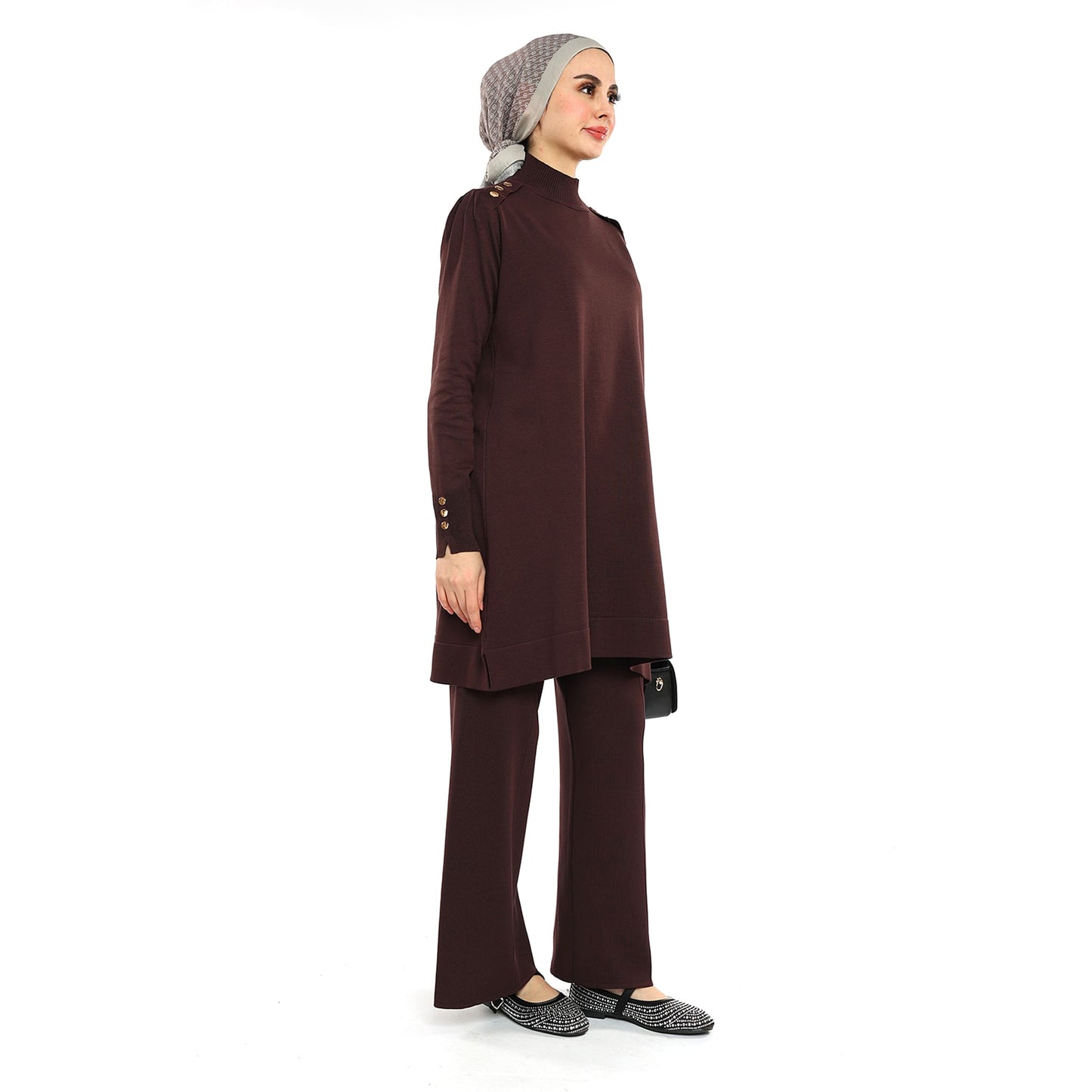 Turtleneck Knit Tunic With Gold Button Epaulette Detail
