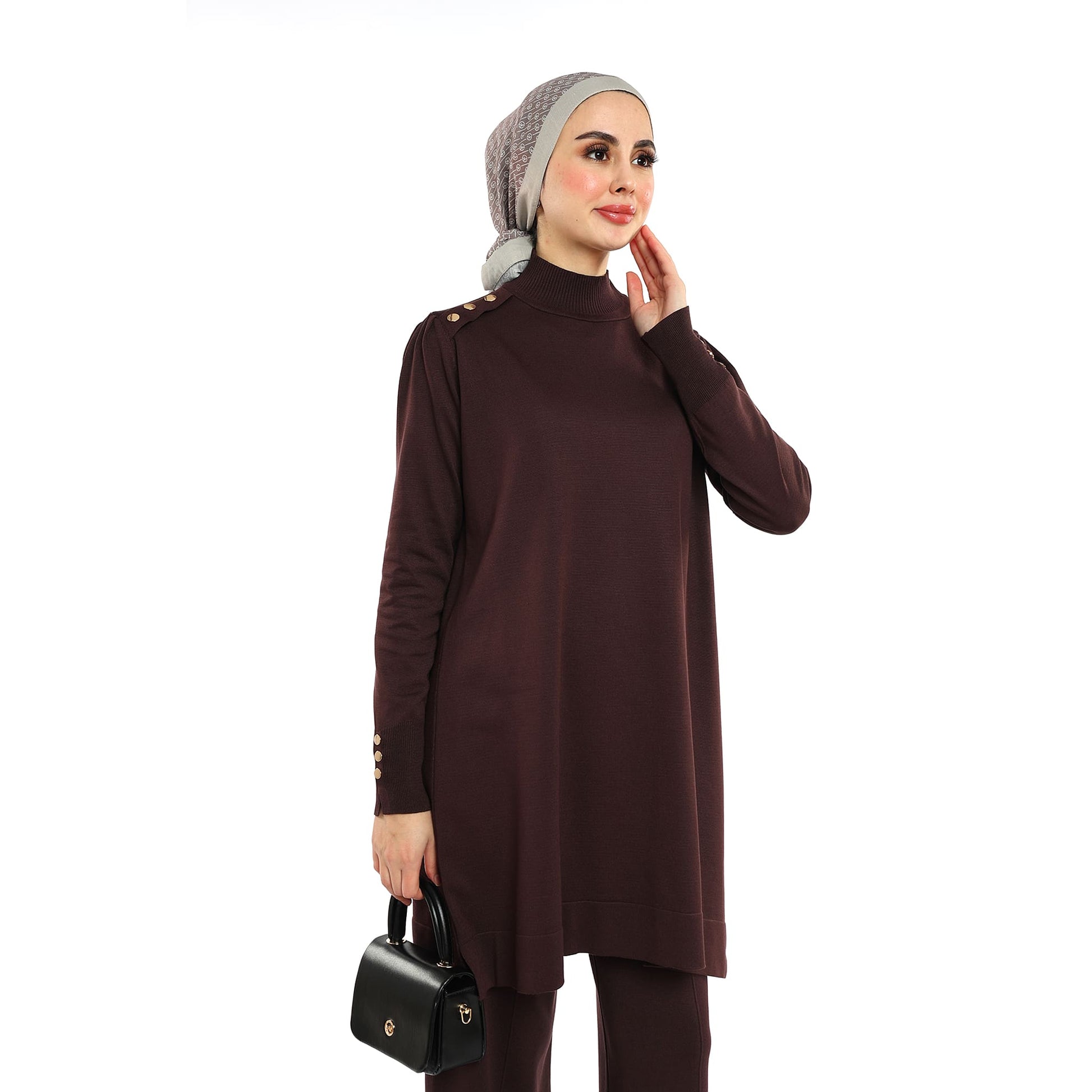 Turtleneck Knit Tunic With Gold Button Epaulette Detail