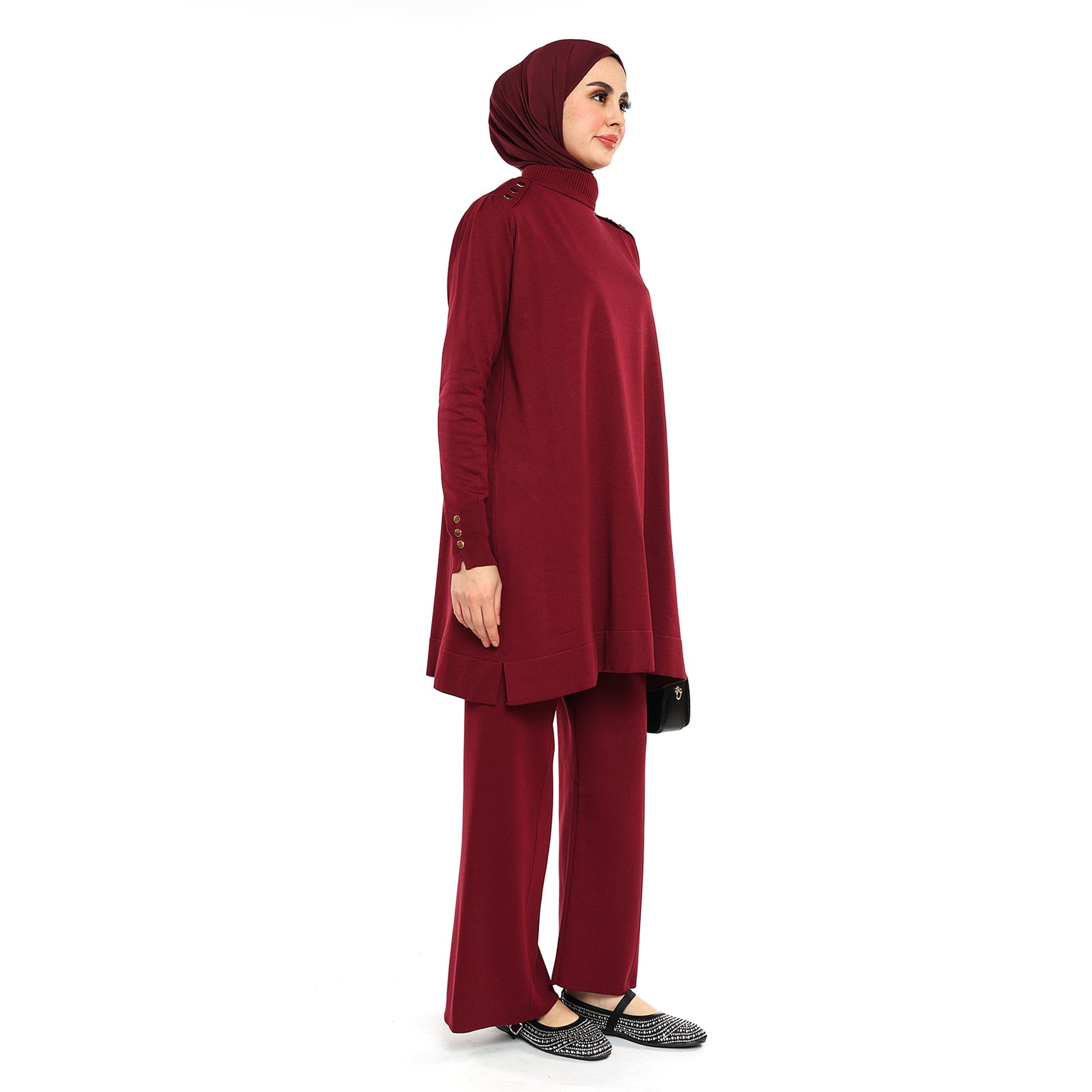 Turtleneck Knit Tunic With Gold Button Epaulette Detail
