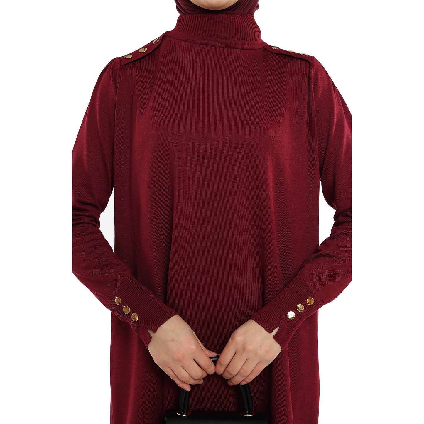 Turtleneck Knit Tunic With Gold Button Epaulette Detail