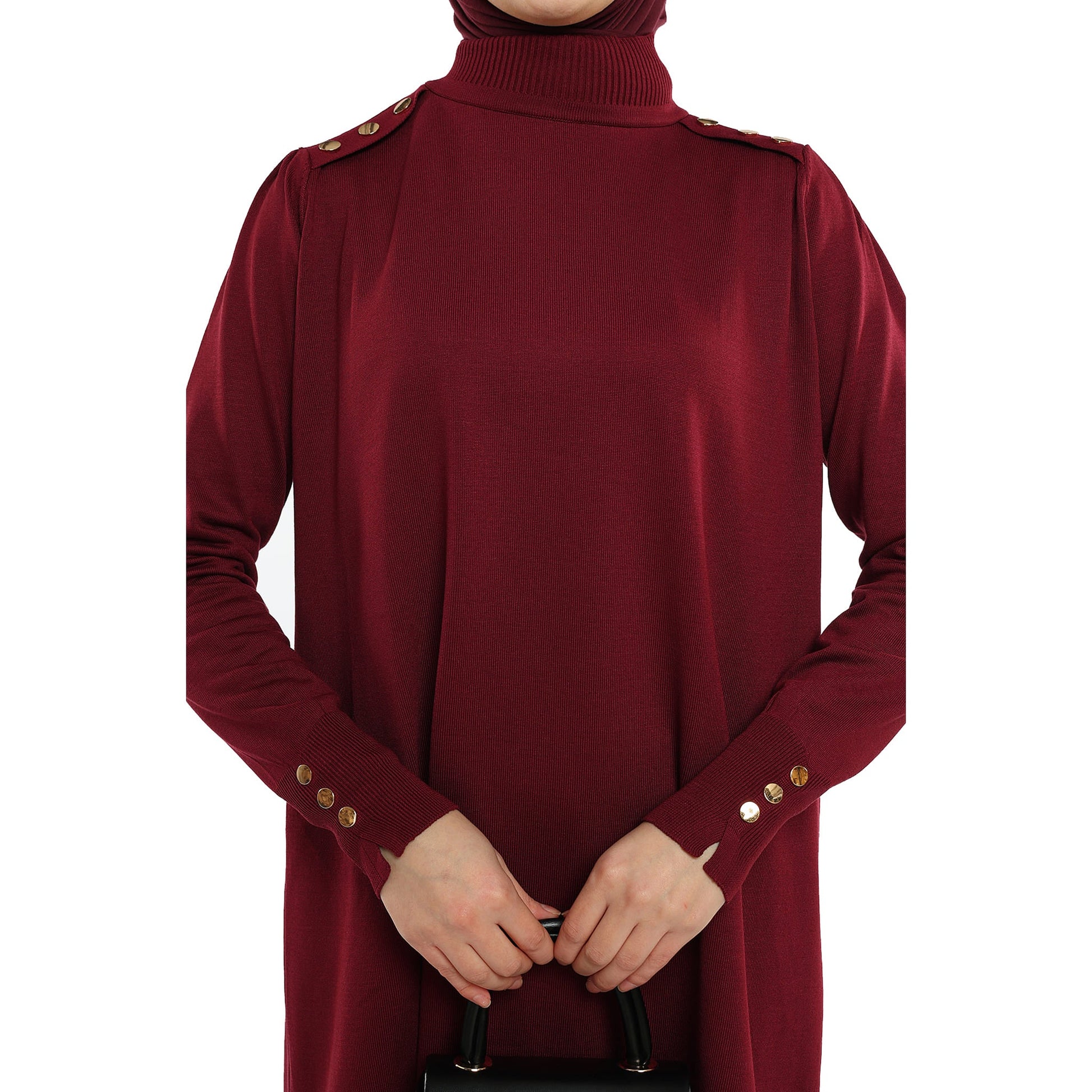 Turtleneck Knit Tunic With Gold Button Epaulette Detail