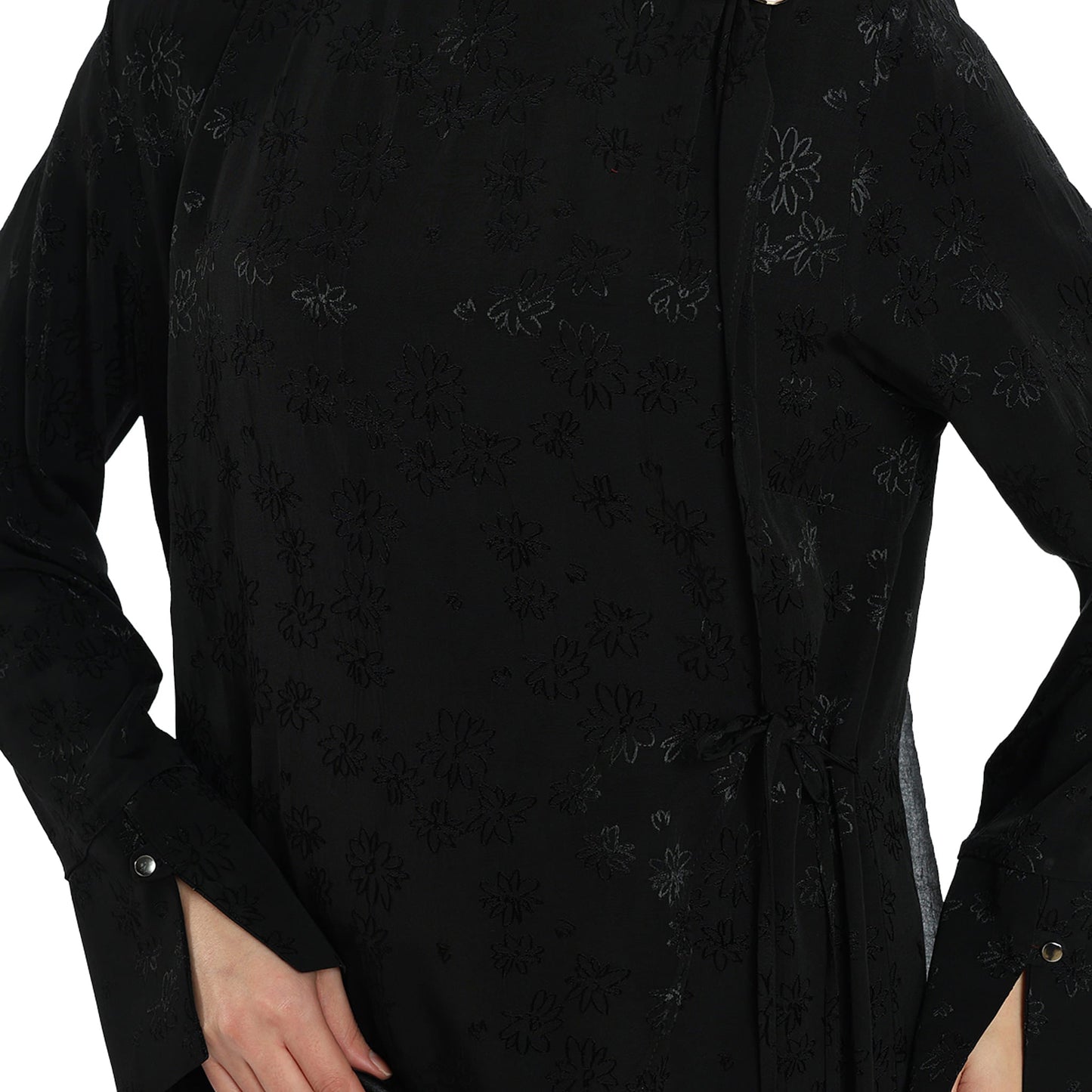 Shiny Embroidered Floral Dress With Shoulder Accent