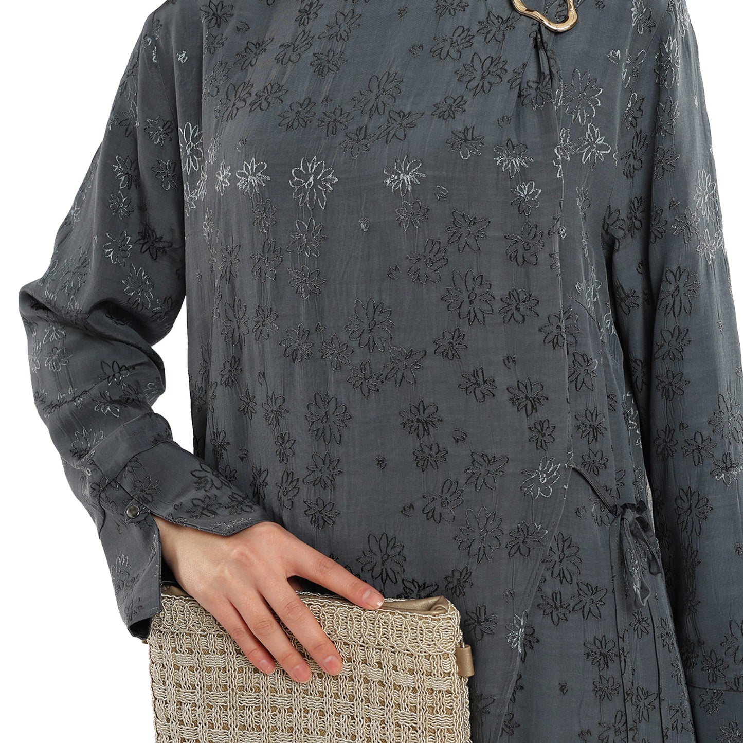 Shiny Embroidered Floral Dress With Shoulder Accent