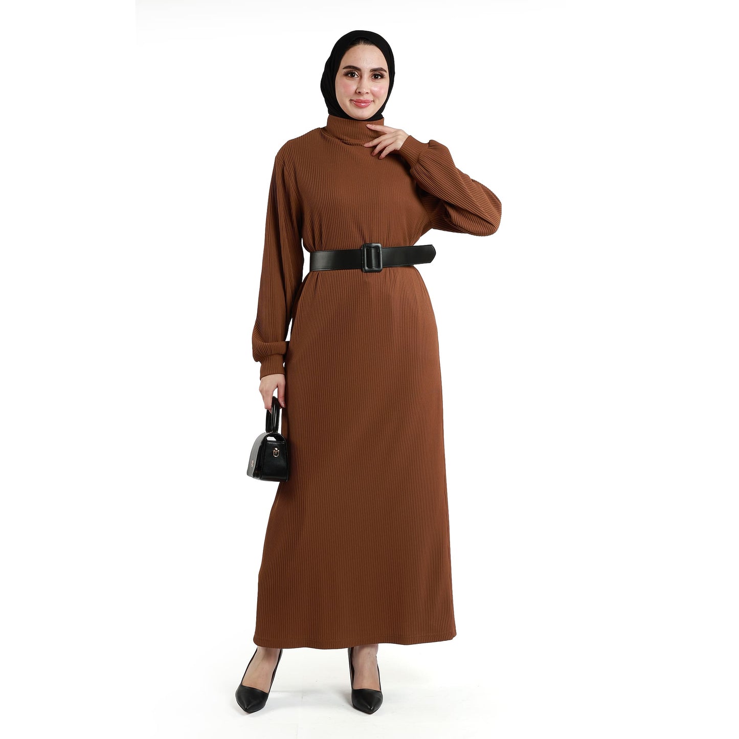 Long Dress with Collar and Belt Details