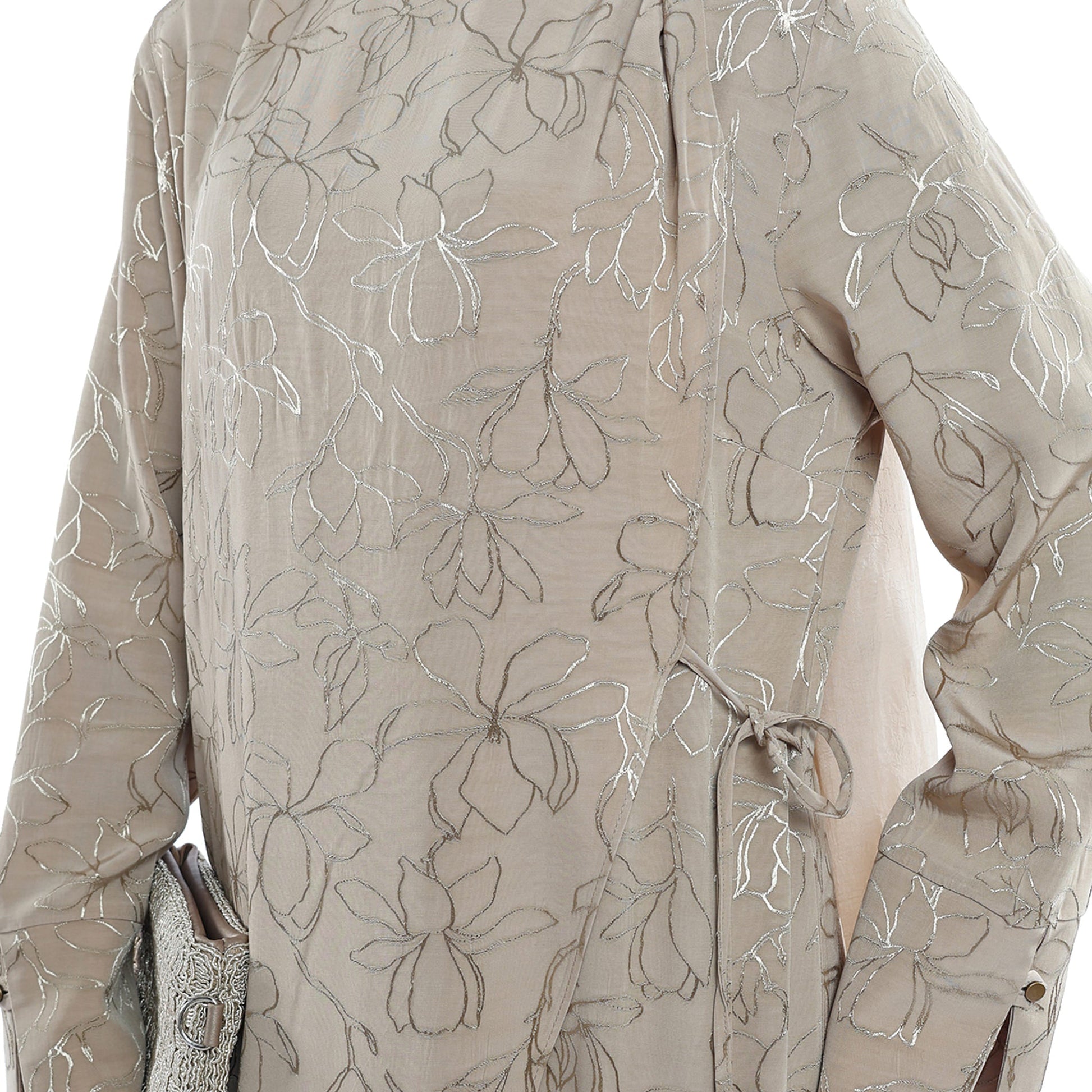Shiny Embroidered Floral Dress With Shoulder Accent