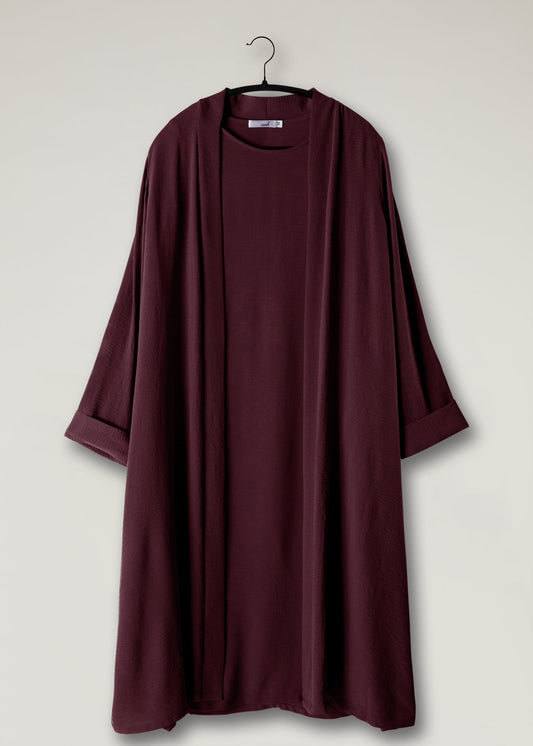 Girls Two Piece Open Abaya With Slip Burgundy