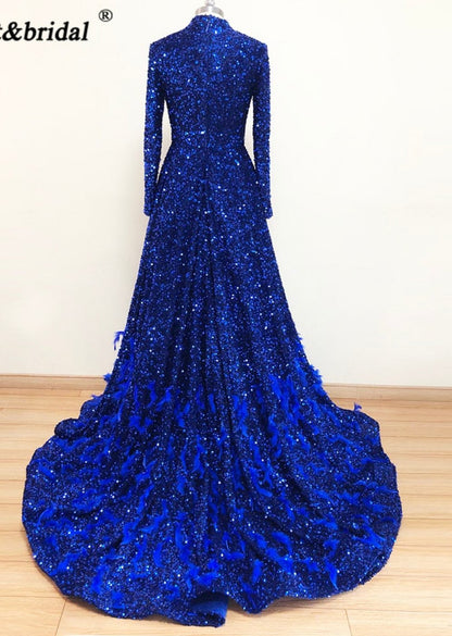 Leanah Luxury Feather Sequin Gown-Royal Blue