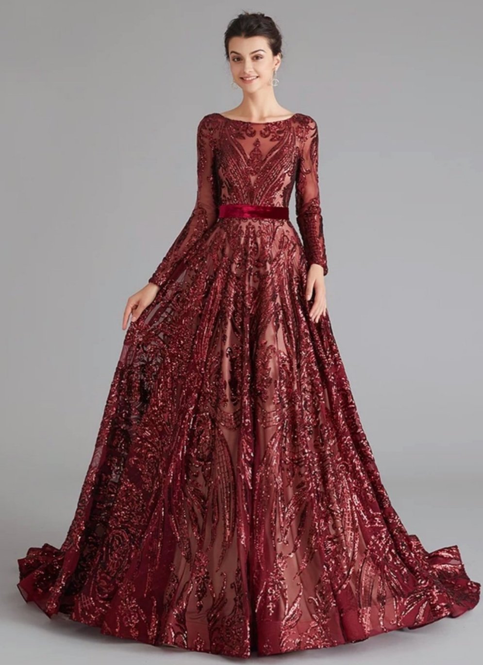 Liza Sequin Evening Gown-Maroon