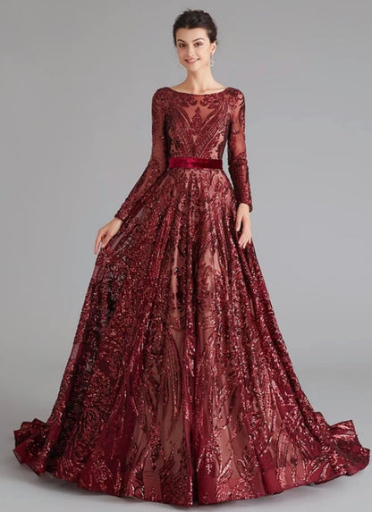 Liza Sequin Evening Gown-Maroon