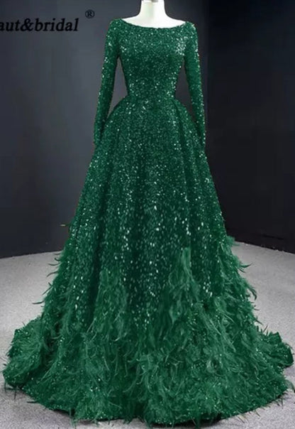 Leanah Luxury Feather Sequin Gown-Emerald Green