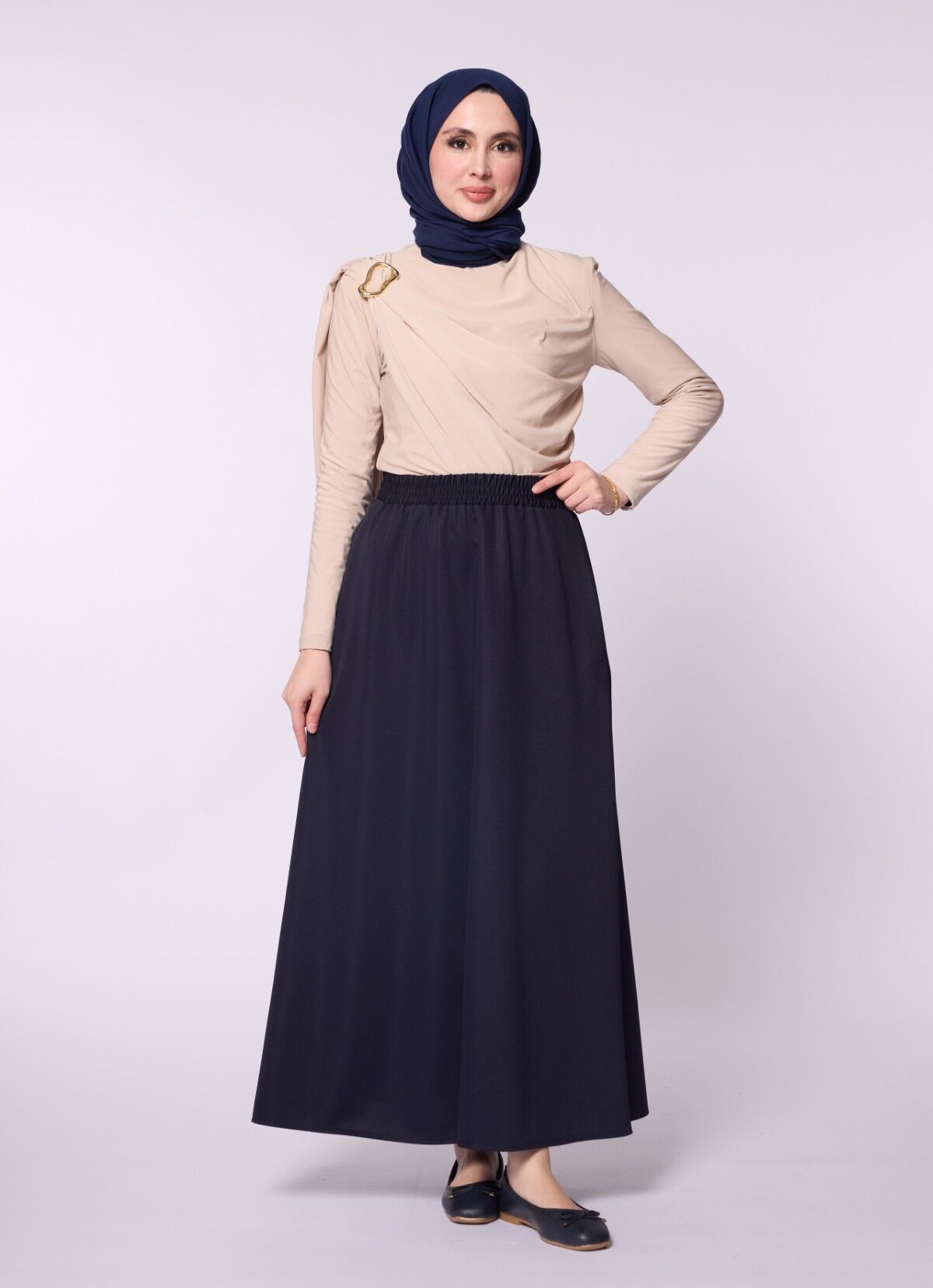 Pocket Detail Elastic Waist Plain A-Line Midi Skirt