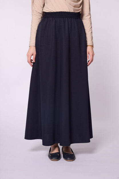 Pocket Detail Elastic Waist Plain A-Line Midi Skirt