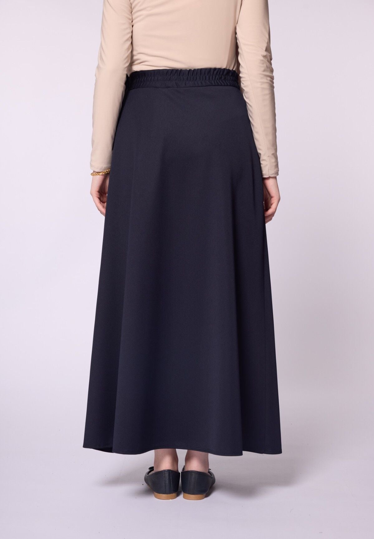 Pocket Detail Elastic Waist Plain A-Line Midi Skirt