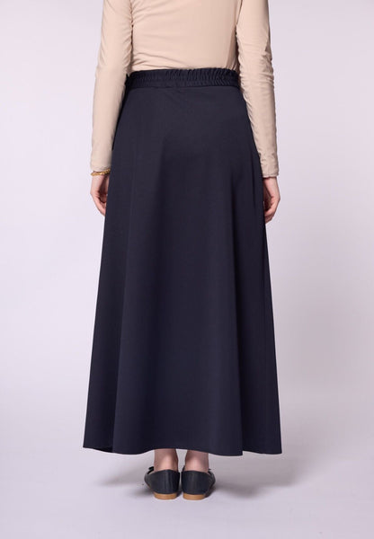 Pocket Detail Elastic Waist Plain A-Line Midi Skirt