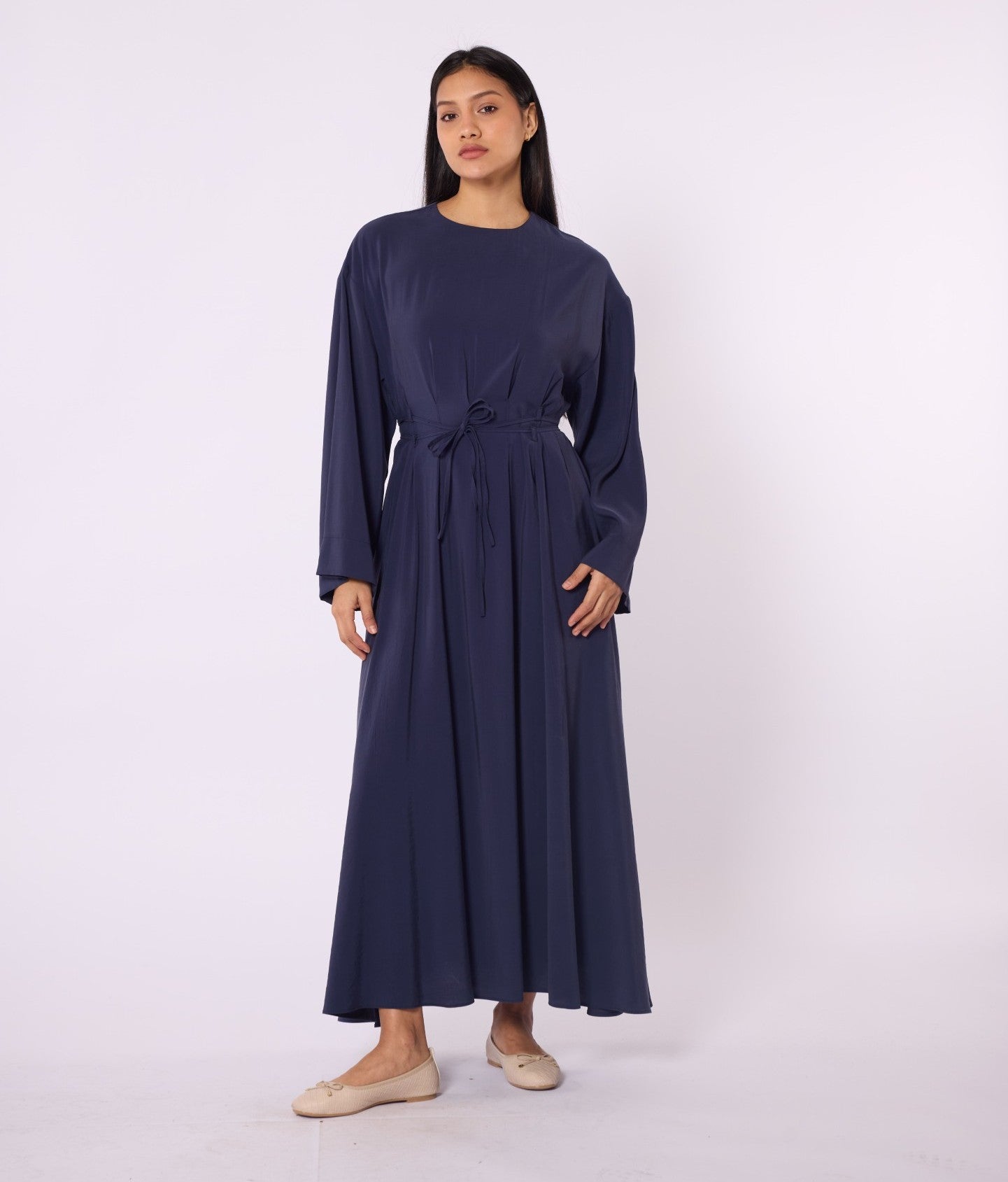 Pleated Long Dress with Waist Tie Detail