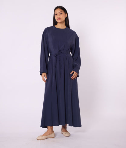 Pleated Long Dress with Waist Tie Detail