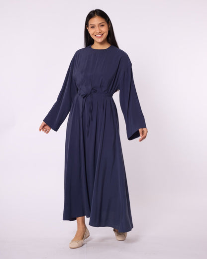 Pleated Long Dress with Waist Tie Detail