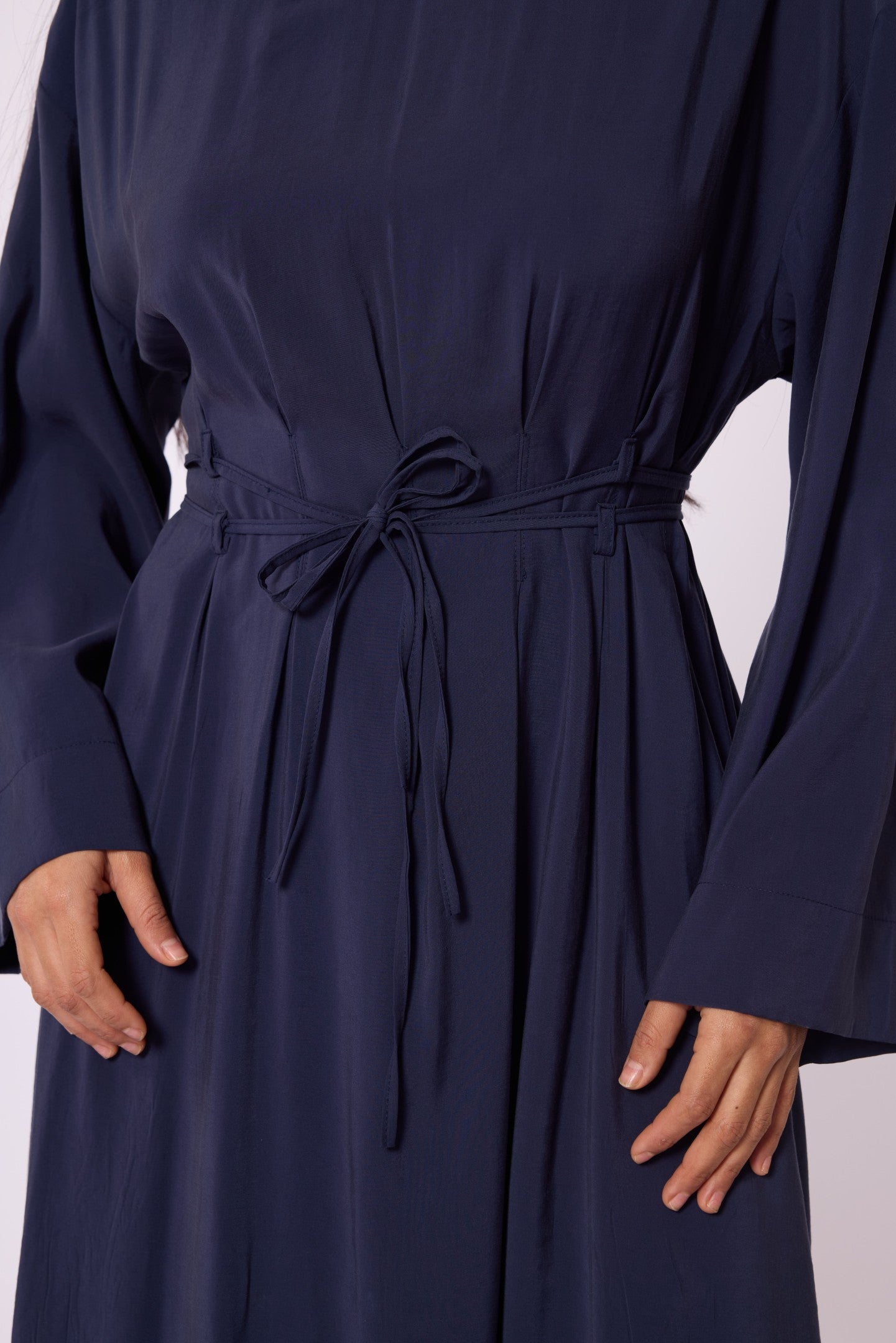 Pleated Long Dress with Waist Tie Detail