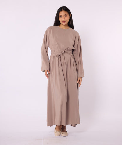 Pleated Long Dress with Waist Tie Detail