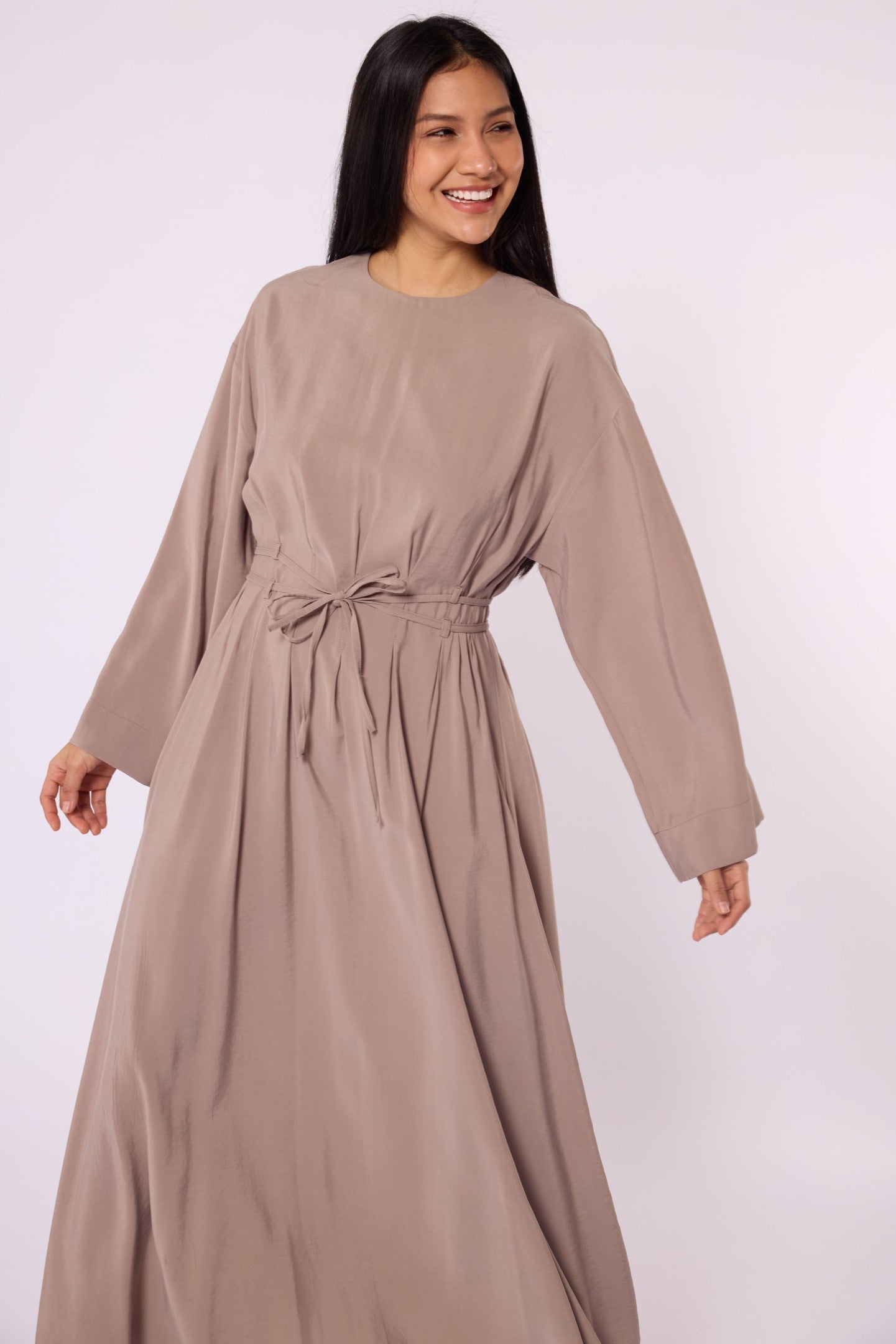Pleated Long Dress with Waist Tie Detail