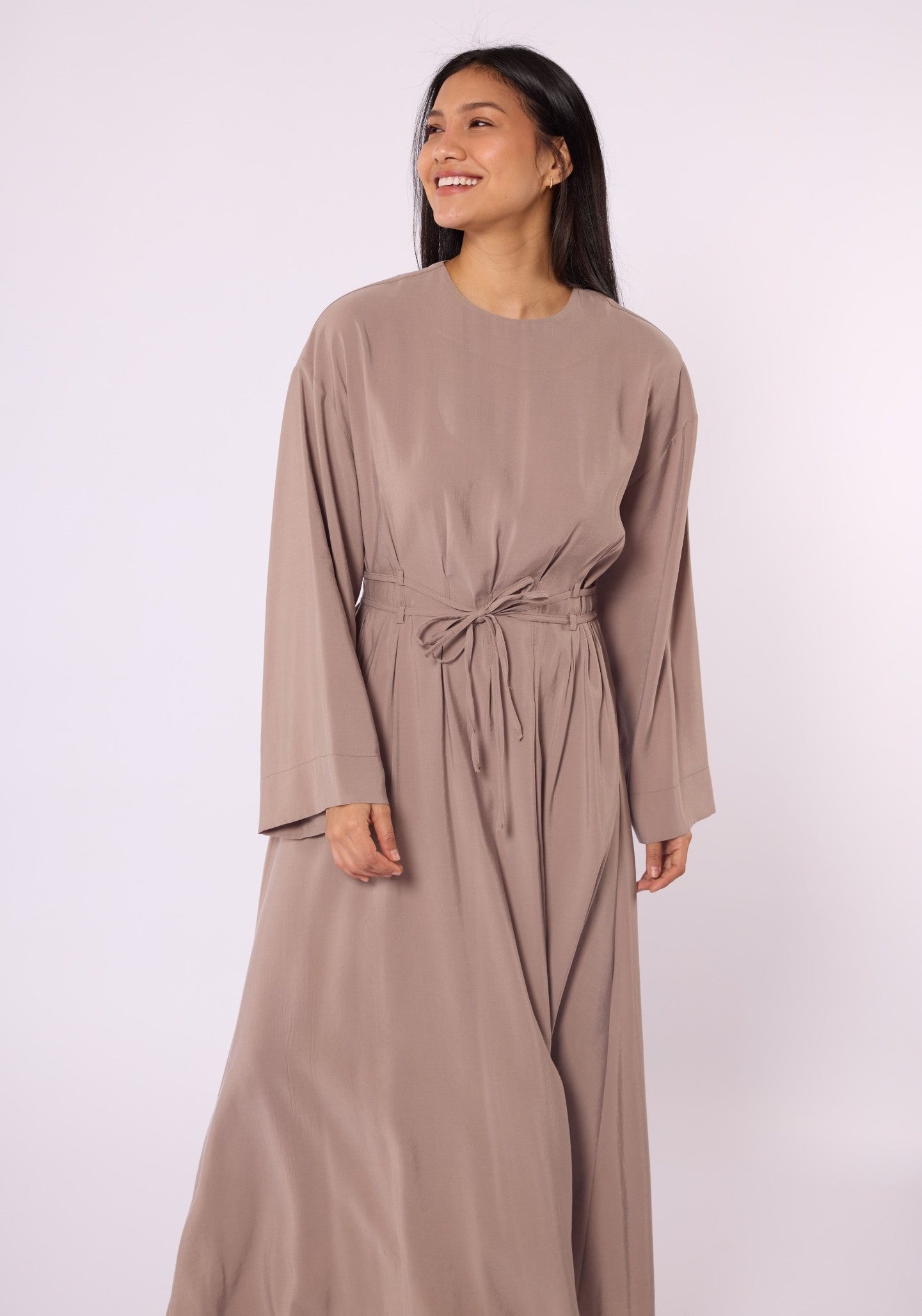Pleated Long Dress with Waist Tie Detail