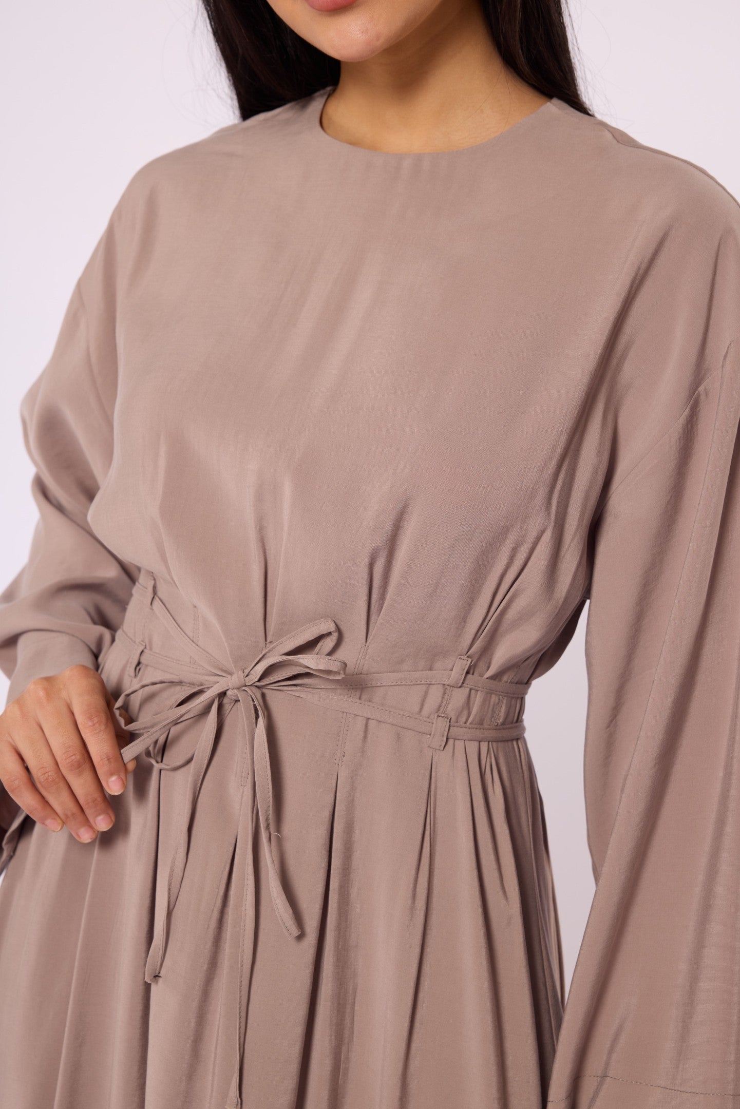 Pleated Long Dress with Waist Tie Detail