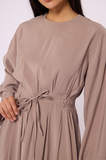 Pleated Long Dress with Waist Tie Detail