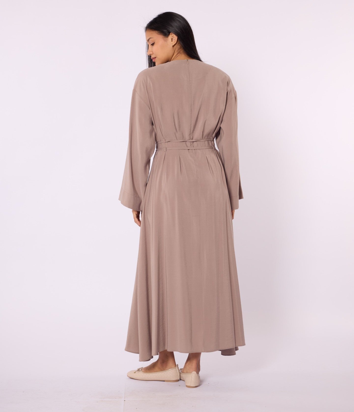 Pleated Long Dress with Waist Tie Detail